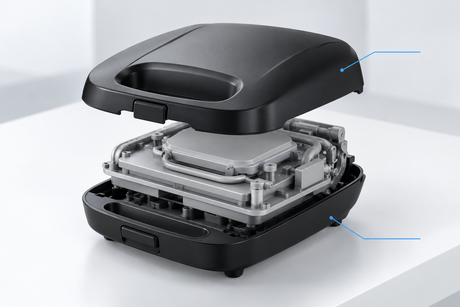 Exploded view showing moulded cover and base around the heating assembly