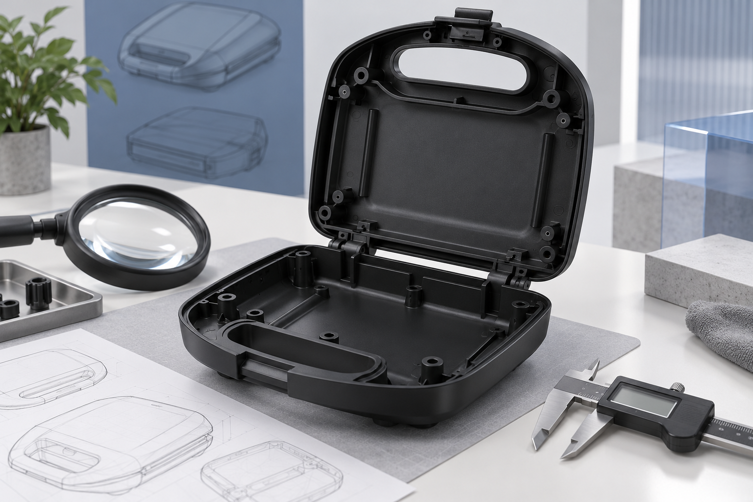 Housing on an inspection bench with magnifier, calipers and drawings